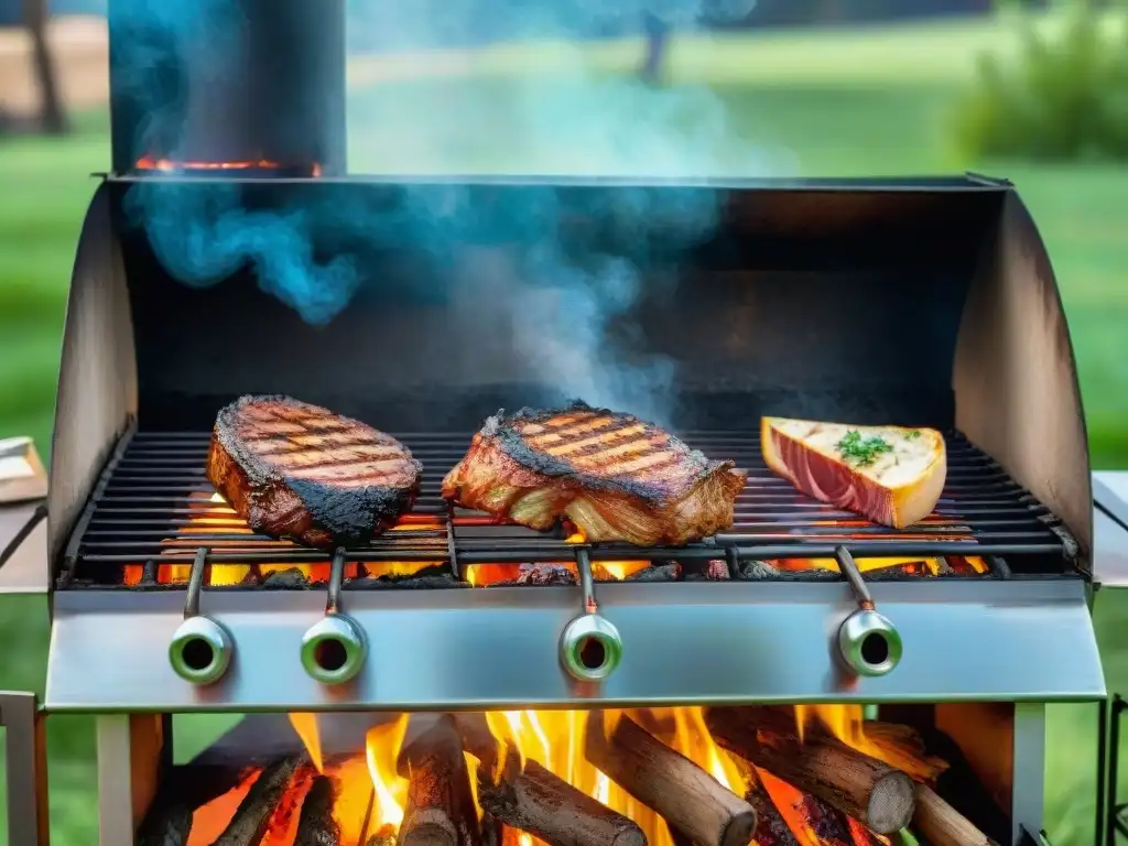 Escena de parrilla rústica al aire libre con carne dorada, rodeada de naturaleza exuberante y cielo azul, técnicas de asado a la leña