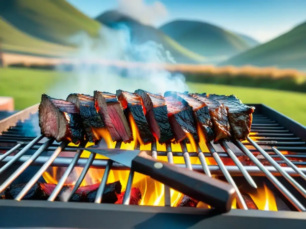 Escena de parrilla uruguaya tradicional con carne asándose, rodeada de verdes colinas y ganado