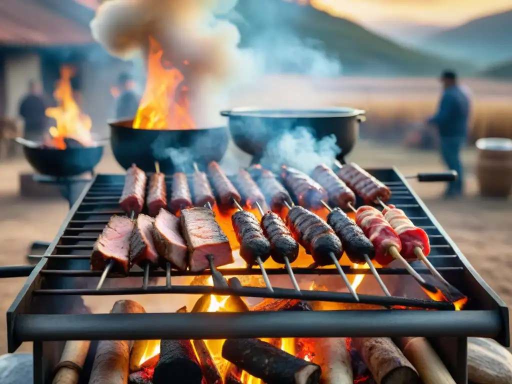 Escena de parrilla uruguaya con carnes sizzling sobre brasas y gauchos preparando el fuego, destacando técnicas de asado a la leña