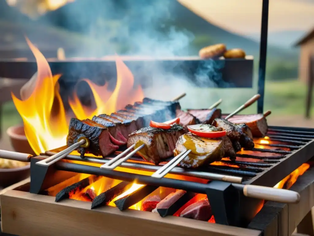 Escena de la parrilla uruguaya tradicional con gauchos en el campo al atardecer, historia asado uruguayo tradición innovación