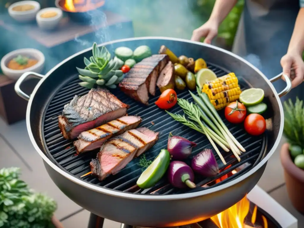 Una escena de parrillada al aire libre con una variedad de carnes a la parrilla y verduras coloridas, rodeada de naturaleza exuberante al atardecer