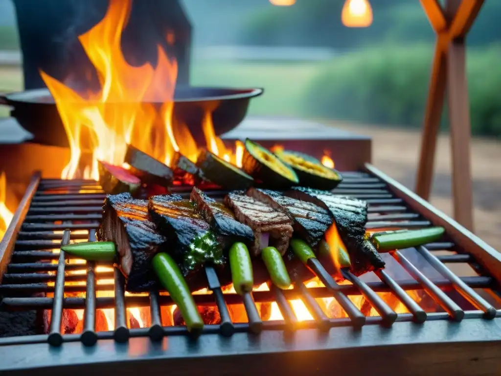 Escena de parrillada nocturna perfecta asado uruguayo bajo las estrellas brillantes