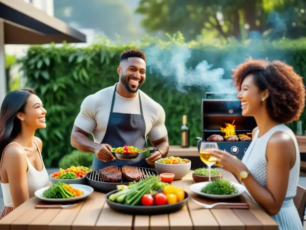 Una escena de patio exterior vibrante con asados saludables y bienestar mental entre amigos y familiares sonrientes