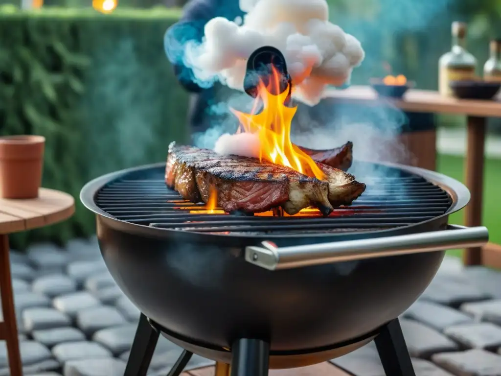 Escena de patio con parrilla uruguaya en un ambiente acogedor y relajante