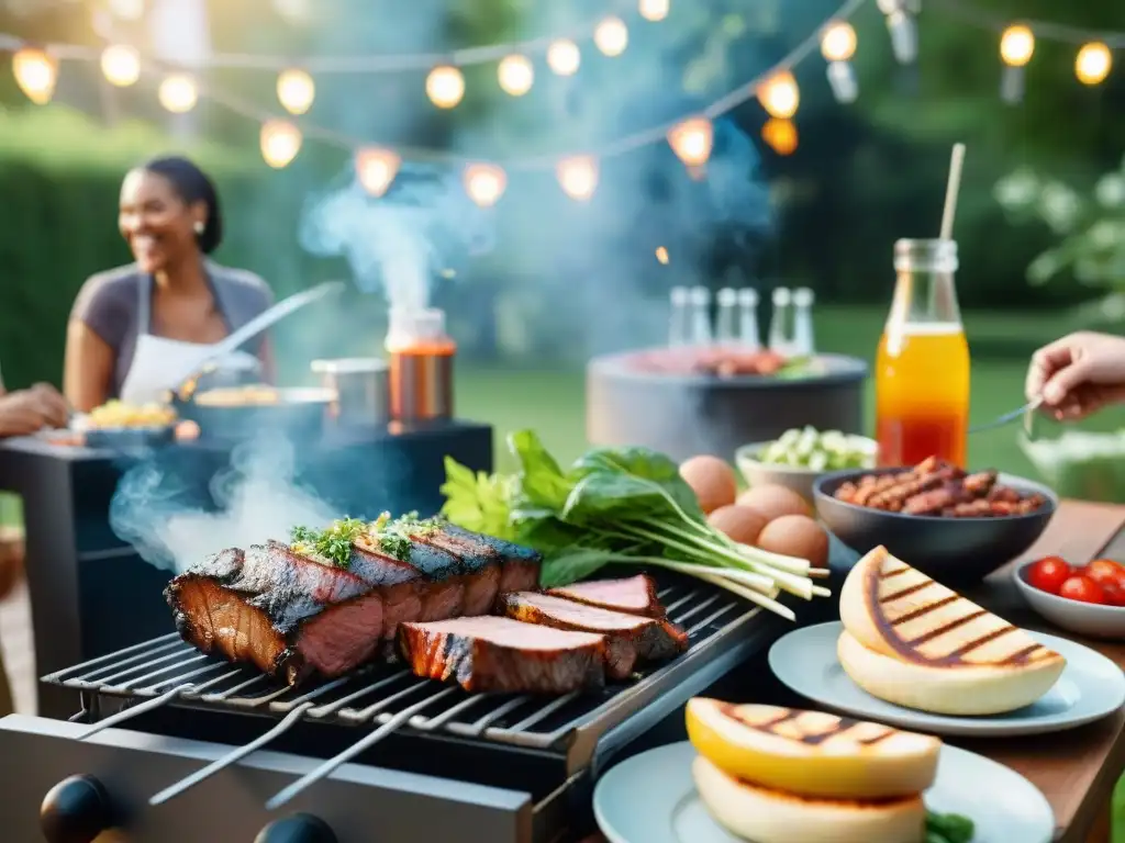 Una escena de barbacoa en el patio trasero con amigos y comida asada, rodeados de luces y árboles, errores comunes asado para invitados