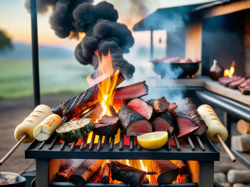 Una escena del patrimonio tradicional asado uruguayo: gauchos junto a la parrilla entre humo y sombras al atardecer de verano