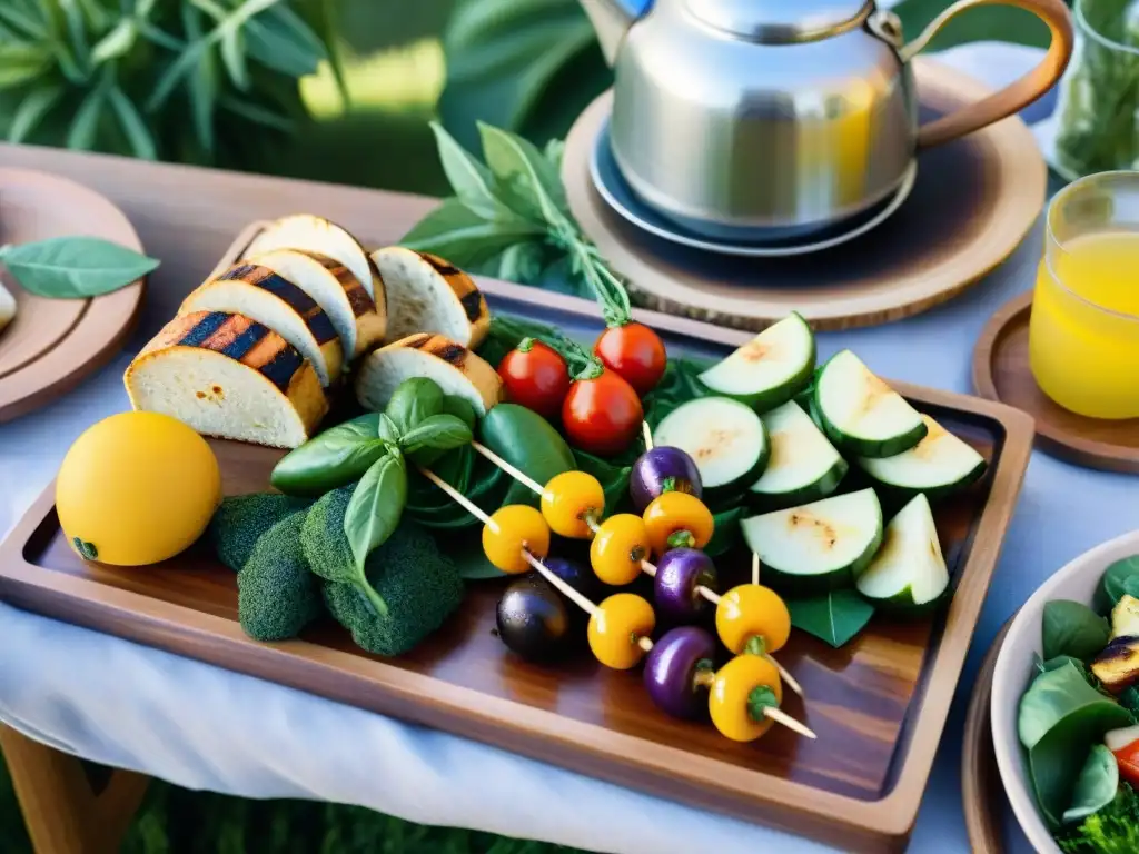 Escena de picnic vibrante con opciones vegetarianas y veganas asado en mesa elegante al aire libre