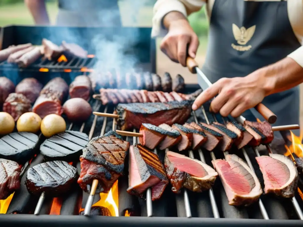 Escena pintoresca de un asado tradicional uruguayo en progreso, con variedad de carnes suculentas sizzling en la parrilla sobre brasas calientes