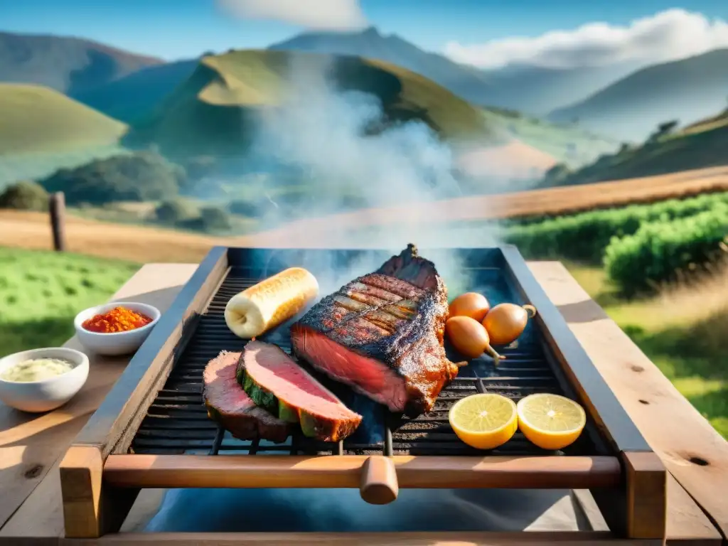 Una escena pintoresca de la tradición del asado uruguayo: gente alrededor de una parrilla con carne, paisaje campestre y mesa con chimichurri y mate