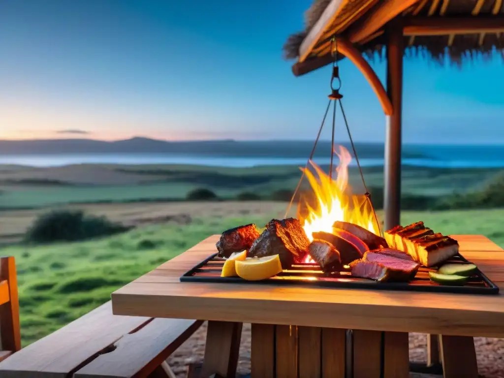 Una escena pintoresca de una parrillada tradicional uruguaya bajo el cielo estrellado, con la palabra clave 'Mejores parrilladas al aire libre'