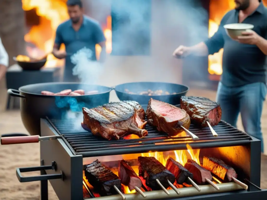 Una escena de preparación de asados uruguayos con una parrilla llena de carne sizzling y personas alrededor, todo bañado por la cálida luz del sol