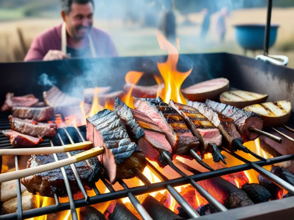 Escena realista de un asado uruguayo en el cine: gente riendo alrededor de una parrilla con carne asándose