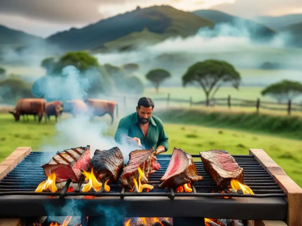 Escena realista de un asado uruguayo tradicional en el campo, preservación de la tradición asado uruguayo