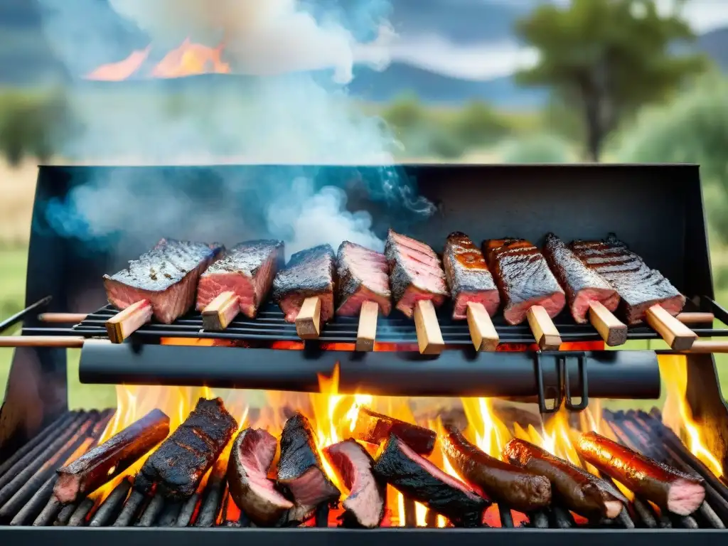 Escena realista de un asado uruguayo con carnes a la parrilla rodeadas de naturaleza exuberante bajo cielo azul