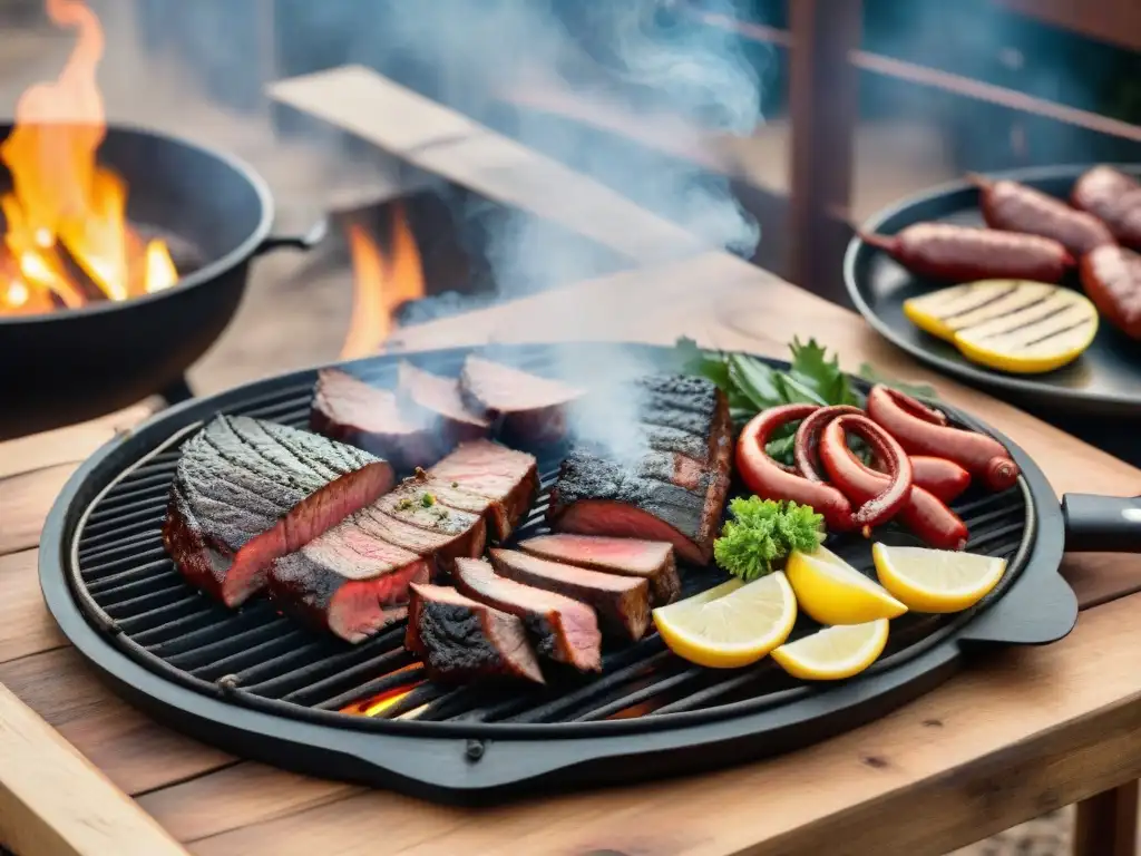 Escena realista de un asado uruguayo perfectamente cocido en técnicas avanzadas