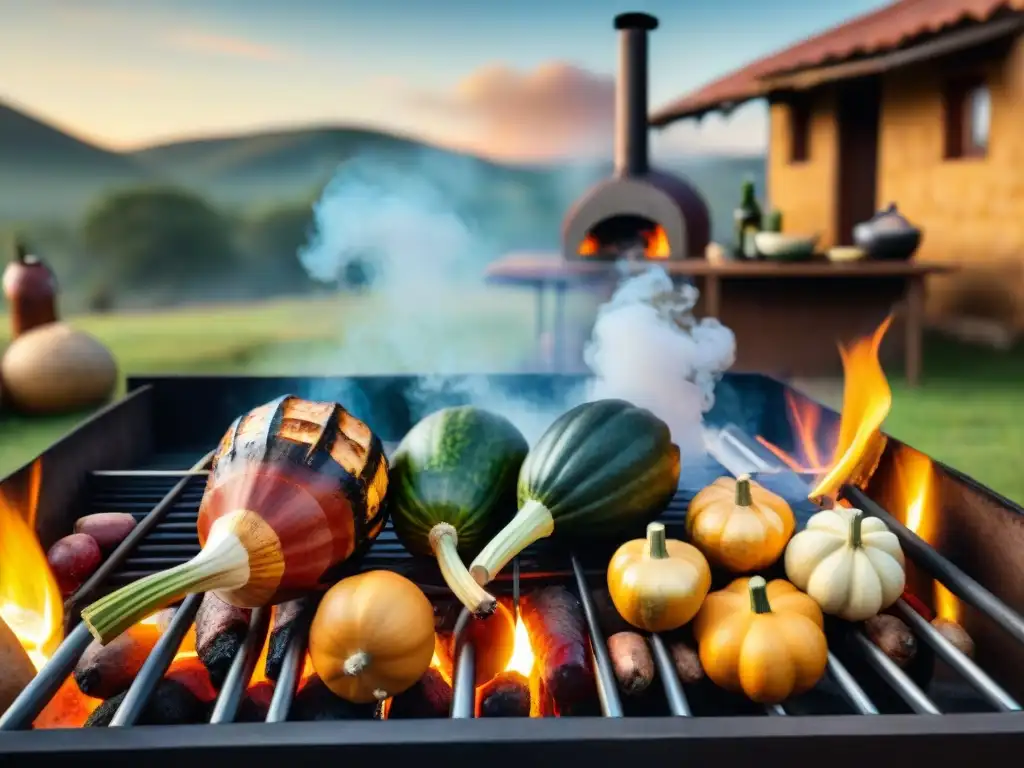 Una escena realista de un tradicional asado uruguayo con amigos, rodeados de naturaleza y comida