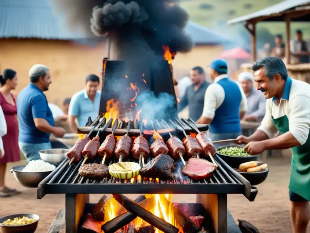 Una escena rural uruguaya muestra un asado tradicional con gran impacto económico del asado uruguayo, uniendo comunidad y tradición