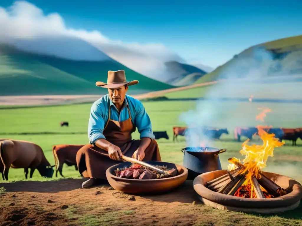 Escena serena de campo uruguayo con gauchos preparando asado de venado gourmet Uruguay