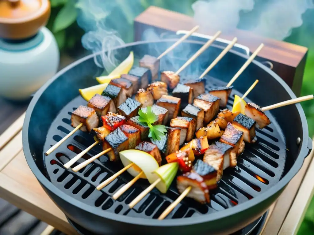 Escena serena en un jardín japonés con un asado de anguila con teriyaki en una parrilla tradicional