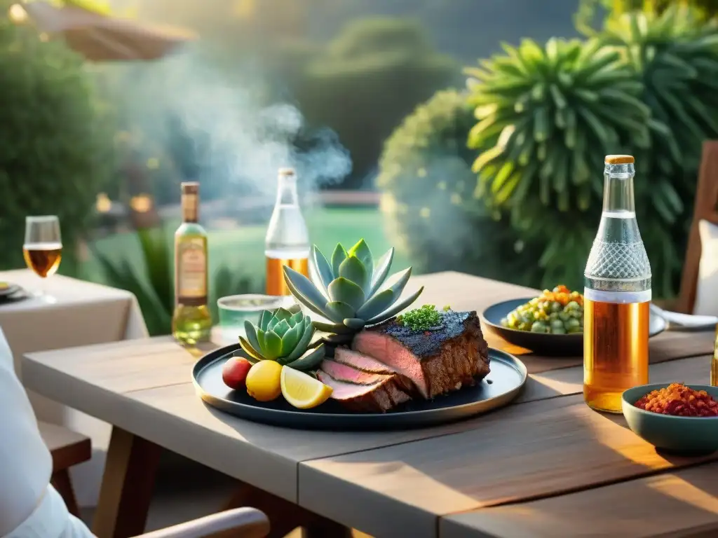 Una escena sofisticada de maridaje con agua mineral para asado en un jardín al atardecer