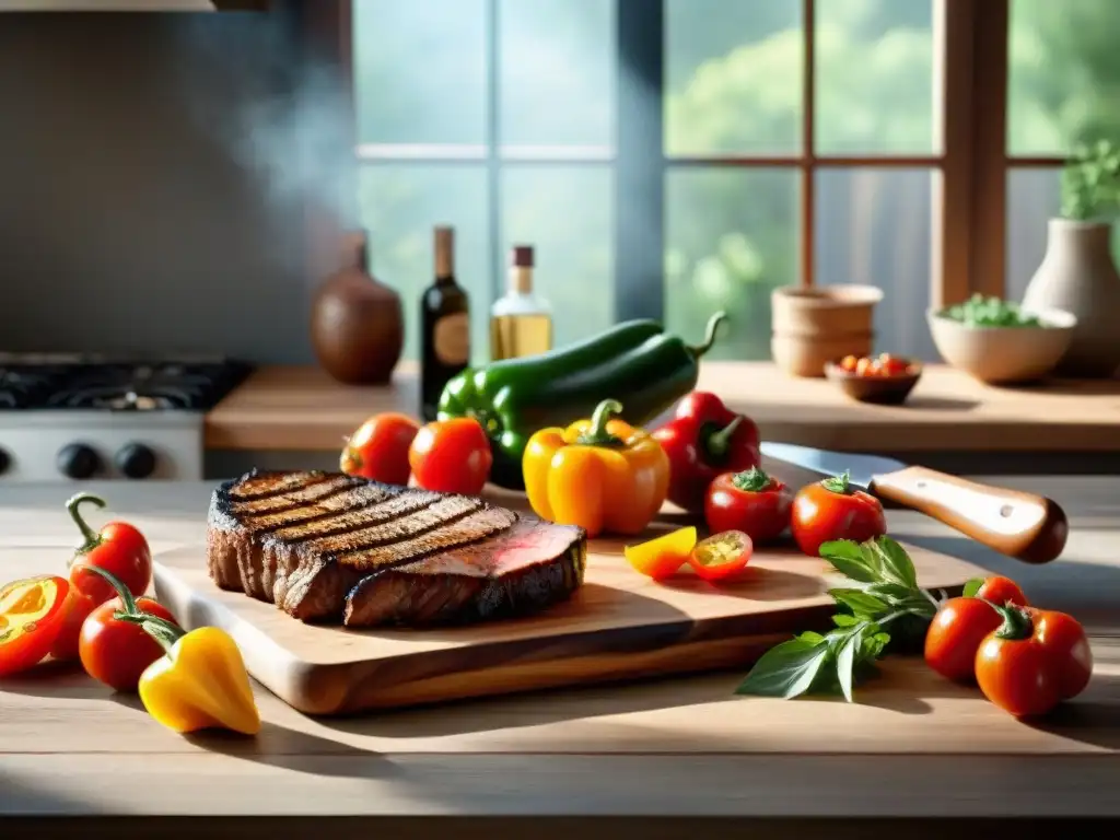 Una escena de tablas de cortar para asado con deliciosos ingredientes frescos y coloridos, bañados por la cálida luz del sol