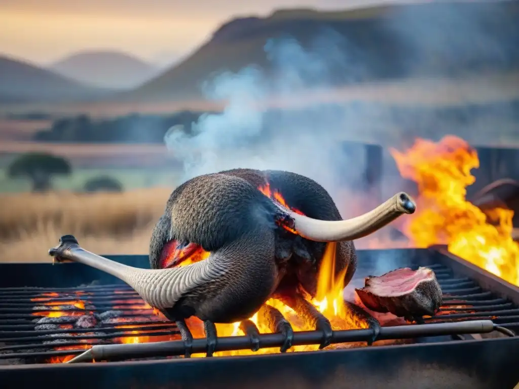 Una escena de técnica de asado de avestruz que sorprende, con el fuego realzando la carne a la parrilla en un hermoso paisaje argentino al atardecer