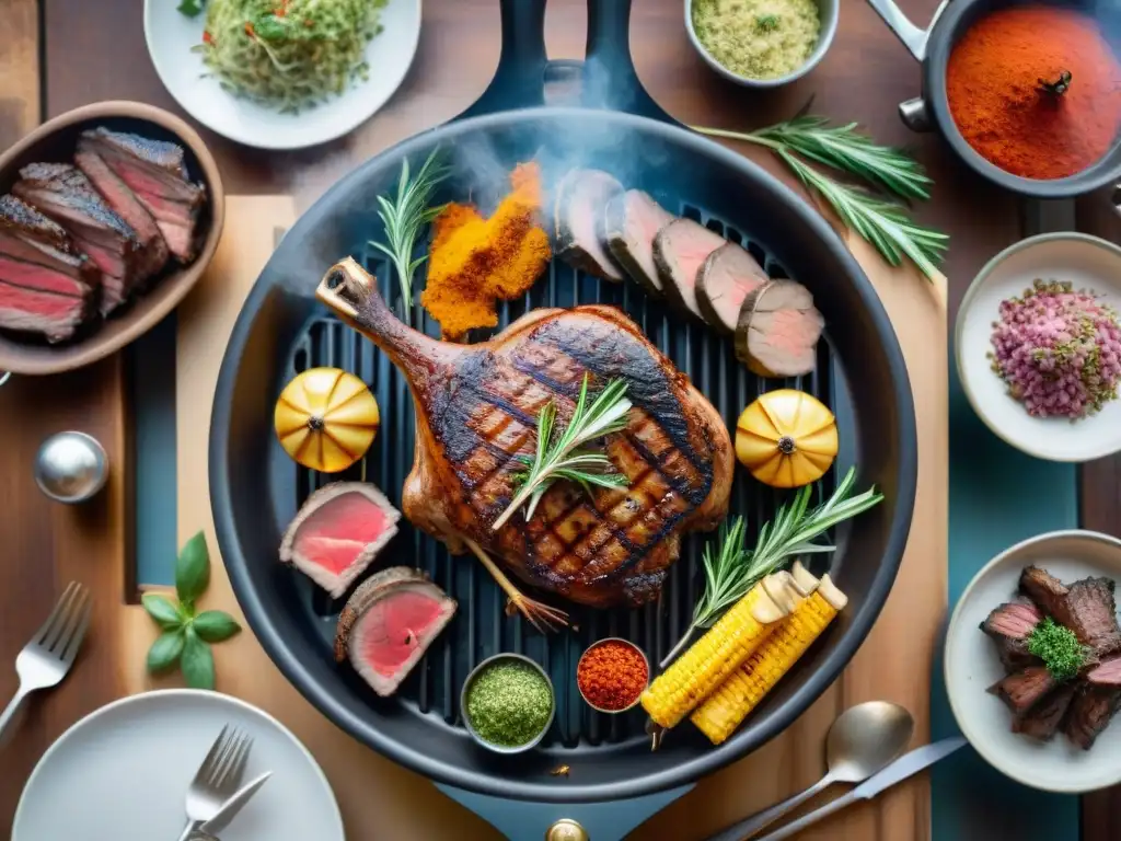 Escena de tendencias asado carnes exóticas: parrilla cargada de sabores exóticos y coloridas especias, ambiente al aire libre con comensales felices