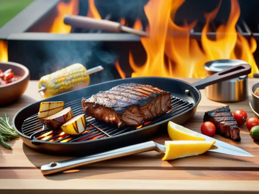 Una escena tentadora de accesorios de barbacoa sobre mesa de madera con influencia de materiales en asado