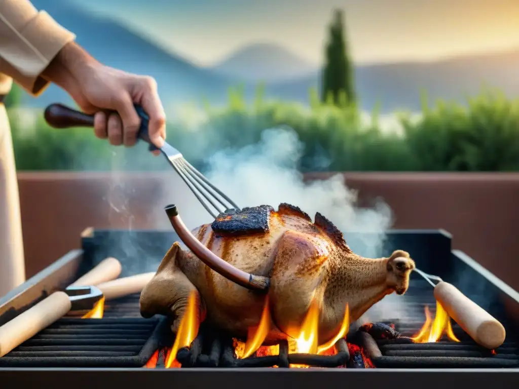 Una escena tentadora de asado de carne de camello con utensilios de alta calidad brillando al sol