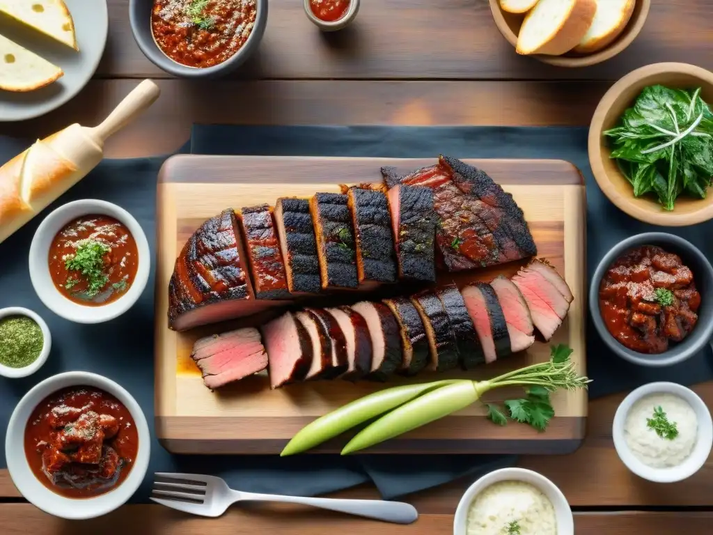 Una escena tentadora de un asado uruguayo tradicional con condimentos del asado uruguayo tradicionales, carnes a la parrilla y vegetales frescos