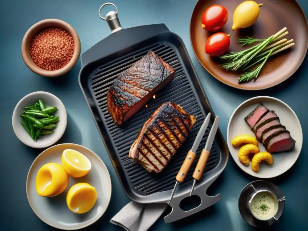 Una escena tentadora de piedras para asar carnes y accesorios de parrilla, resaltando calidad y funcionalidad en un día soleado