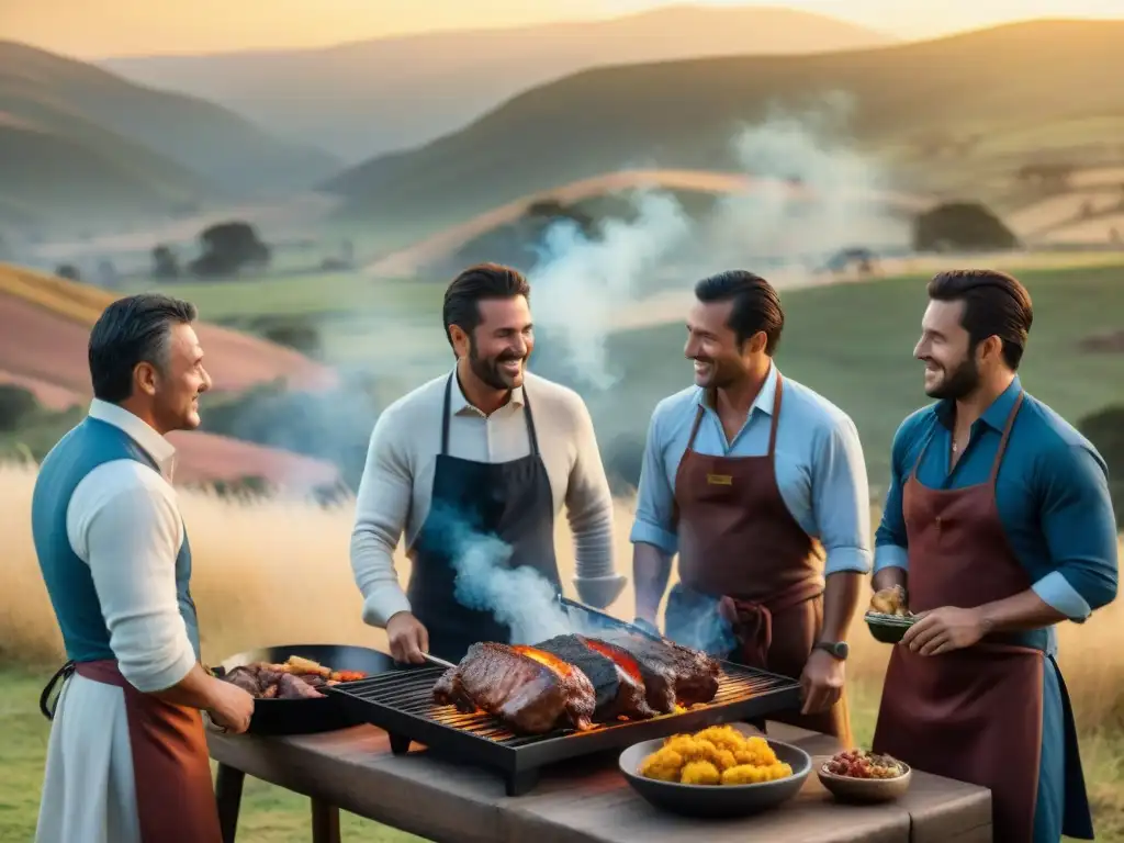 Una escena de tradición del asado uruguayo: gauchos alrededor de la parrilla con carne sizzling, en las colinas al atardecer