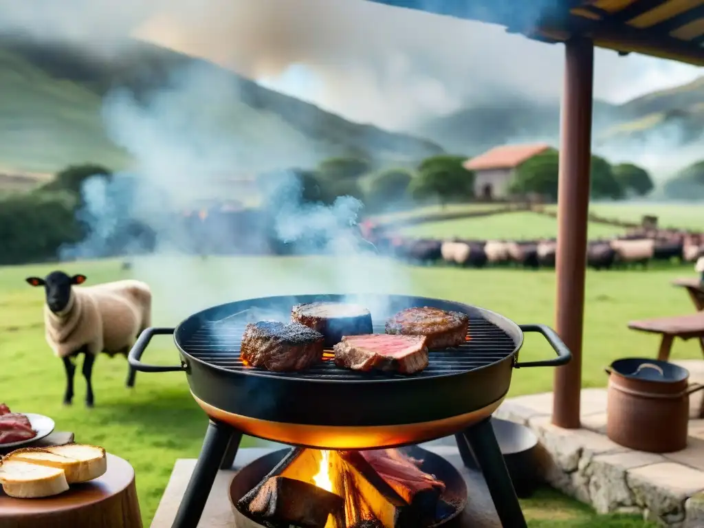 Escena tradicional de asado de cordero uruguayo: gauchos preparando carne en la parrilla al aire libre