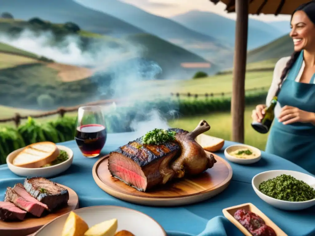 Una escena tradicional de asado uruguayo con amigos y familia en el campo