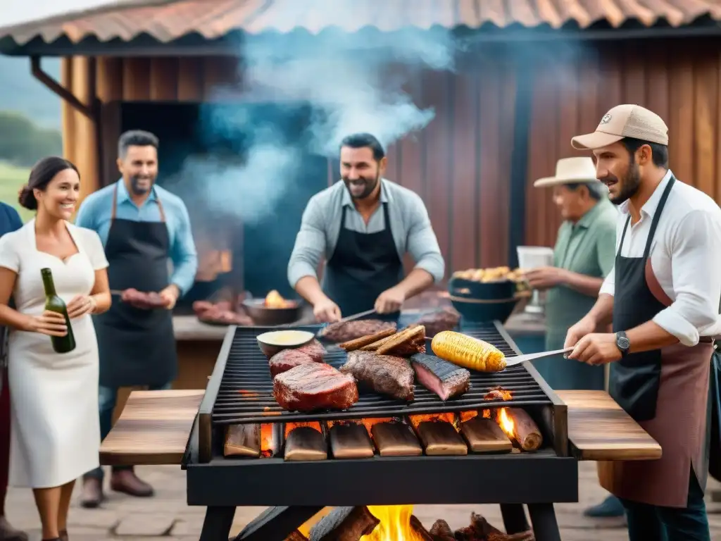 Una escena tradicional de asado uruguayo con técnicas de asado uruguayo tradicionales, rodeada de gente y decoraciones típicas