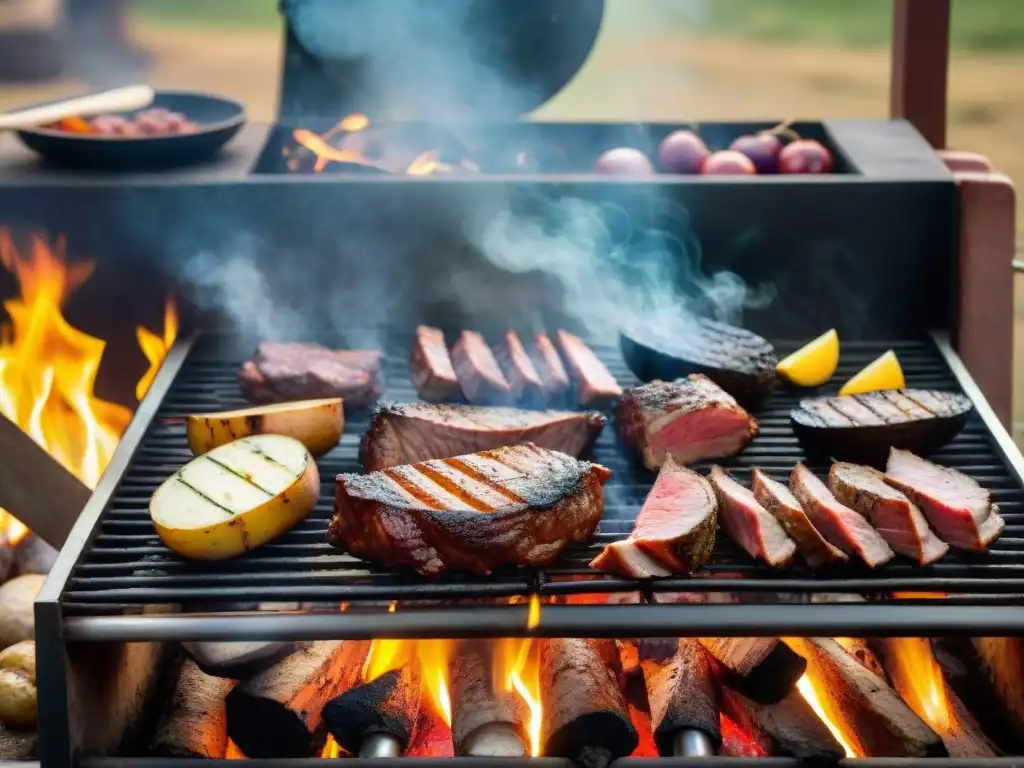 Una escena tradicional del asado uruguayo, con gauchos preparando una variedad de carnes sobre la parrilla al aire libre, evocando la historia y tradición