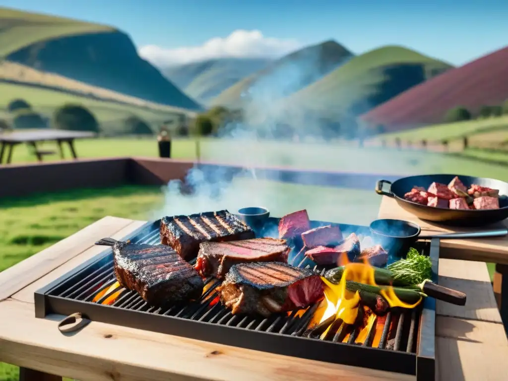 Una escena de un tradicional asado uruguayo con una variedad de carnes en la parrilla, rodeada de mesas rústicas y vino Tannat