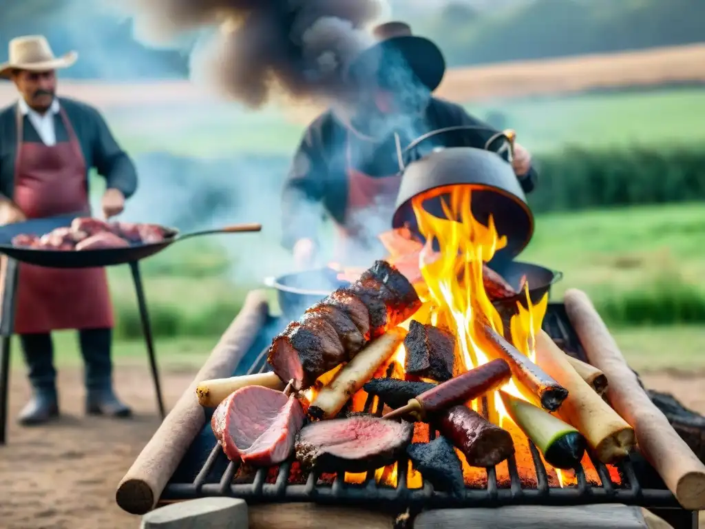 Una escena tradicional de asado uruguayo con variedad de carnes sobre brasas, en un entorno campestre rústico