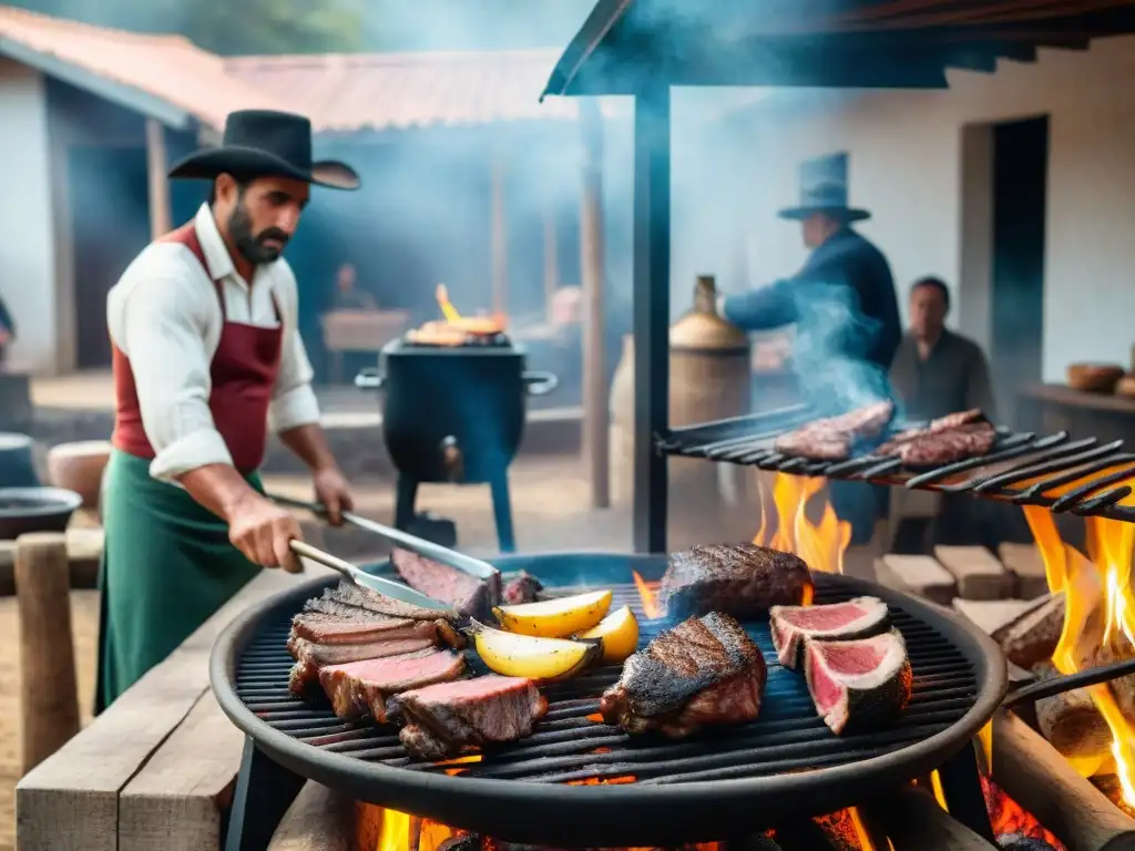 Una escena del tradicional asado uruguayo en el campo, con gauchos preparando carne en la parrilla