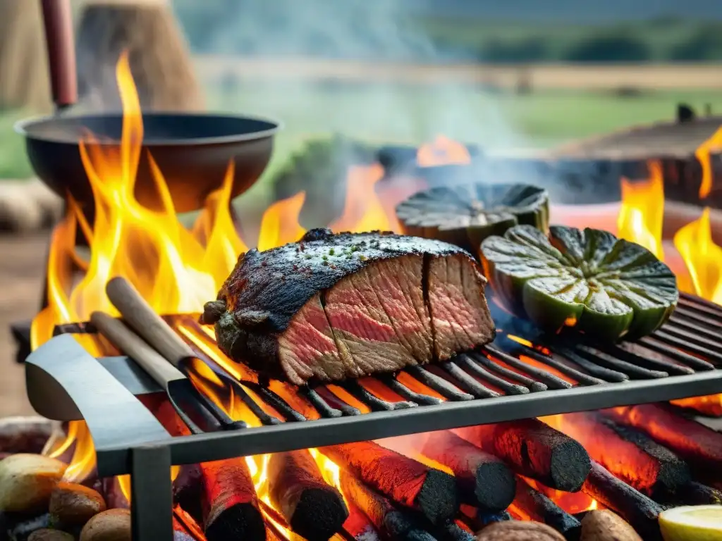 Escena tradicional de asado uruguayo con carne de llama asada receta en la parrilla, gauchos y acompañamientos