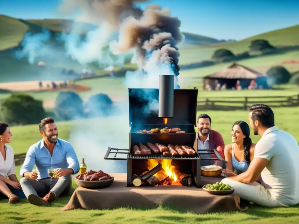 Una escena del tradicional asado uruguayo en el campo, con amigos, mate y carne a la parrilla