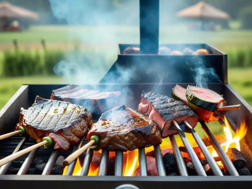 Una escena del tradicional asado uruguayo con gauchos y carnes a la parrilla en el campo