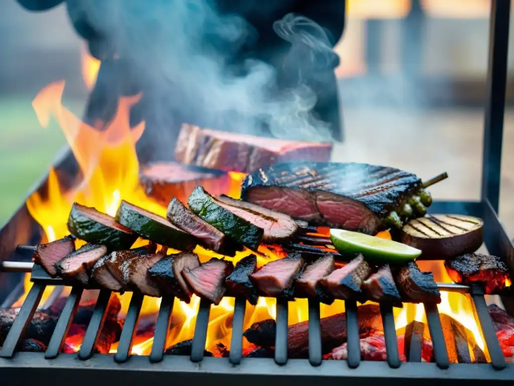 Escena tradicional del asado uruguayo con un gaucho cocinando carnes en una parrilla rodeada de brasas brillantes