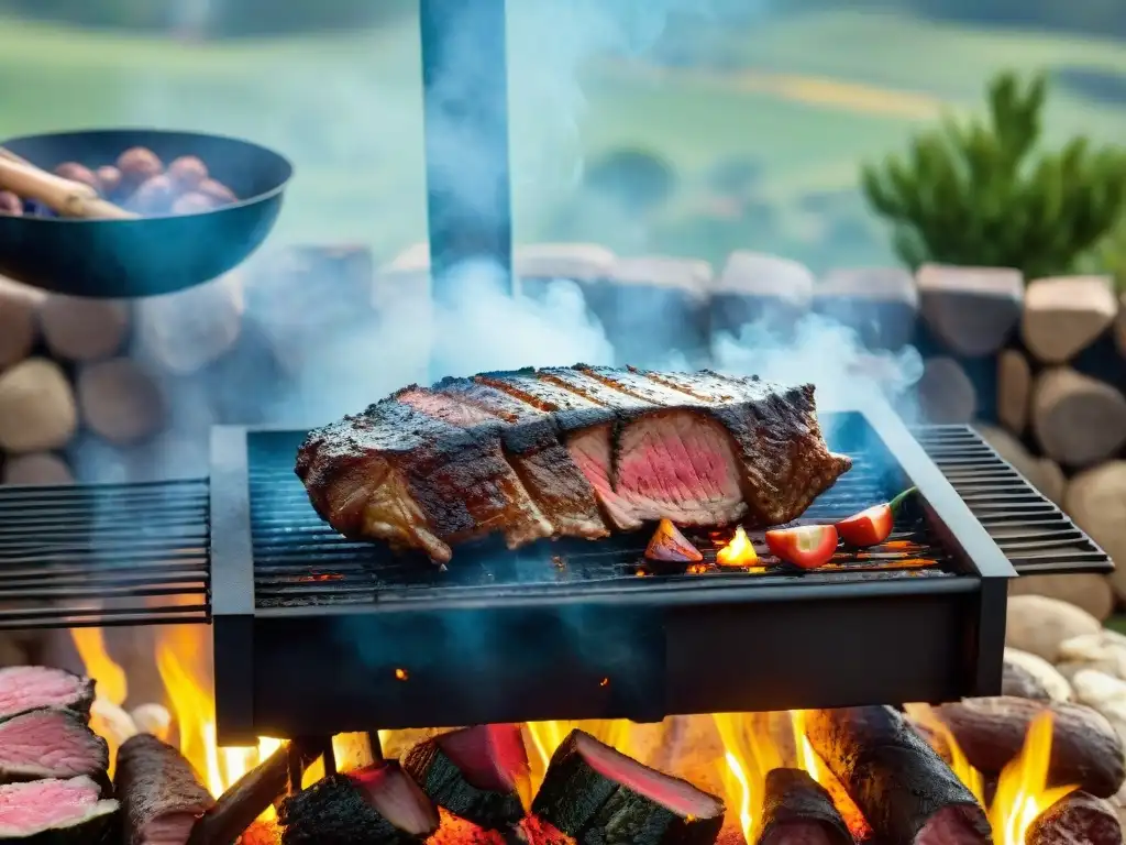 Una escena del tradicional asado uruguayo con suculentas carnes a la parrilla, cortadas por un gaúcho en el campo