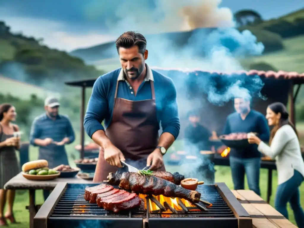 Una escena tradicional del asado uruguayo: amigos disfrutando de un asado al aire libre, rodeados de naturaleza