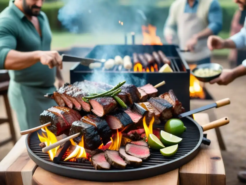 Una escena tradicional del asado uruguayo: amigos y familia alrededor de una parrilla con cortes de carne, disfrutando de la comida y vino Tannat