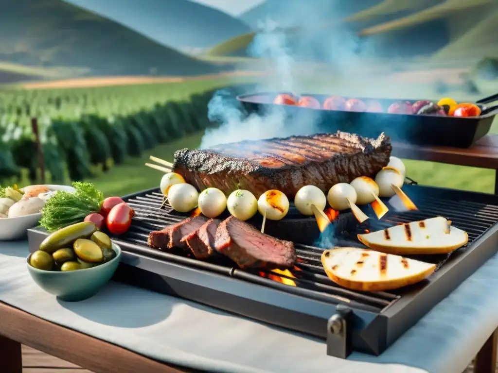 Una escena tradicional del asado uruguayo: carne jugosa en la parrilla, chimichurri, vino Tannat y paisaje campestre