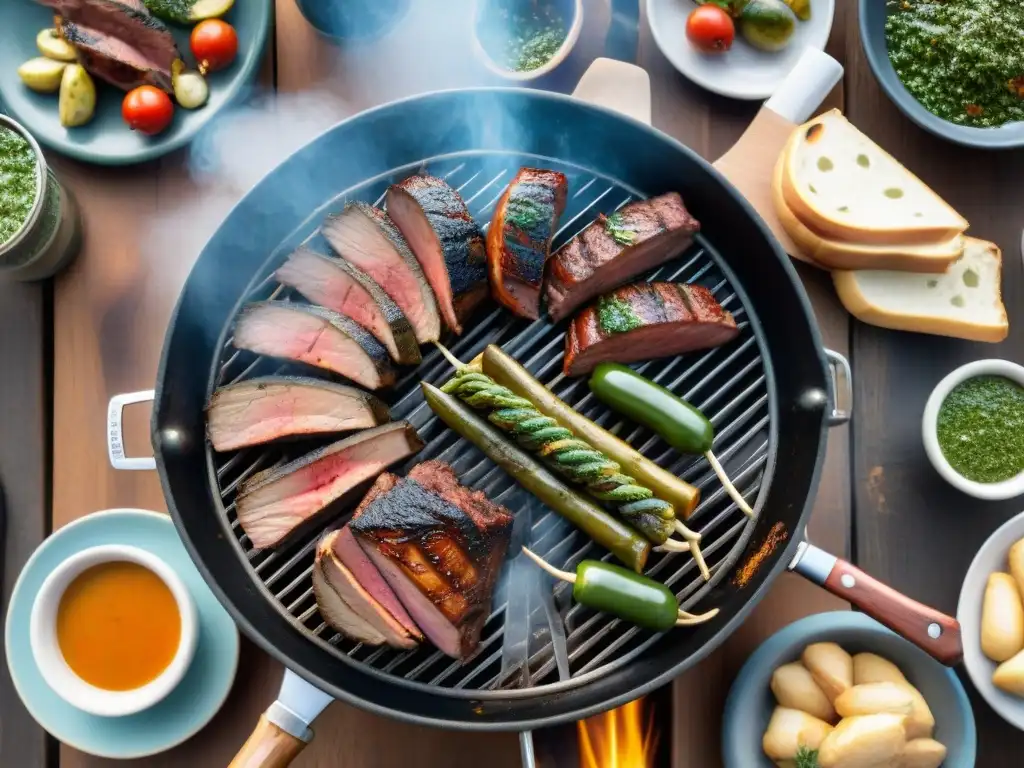 Una escena tradicional del asado uruguayo con variedad de carnes en la parrilla y personas alrededor de la mesa