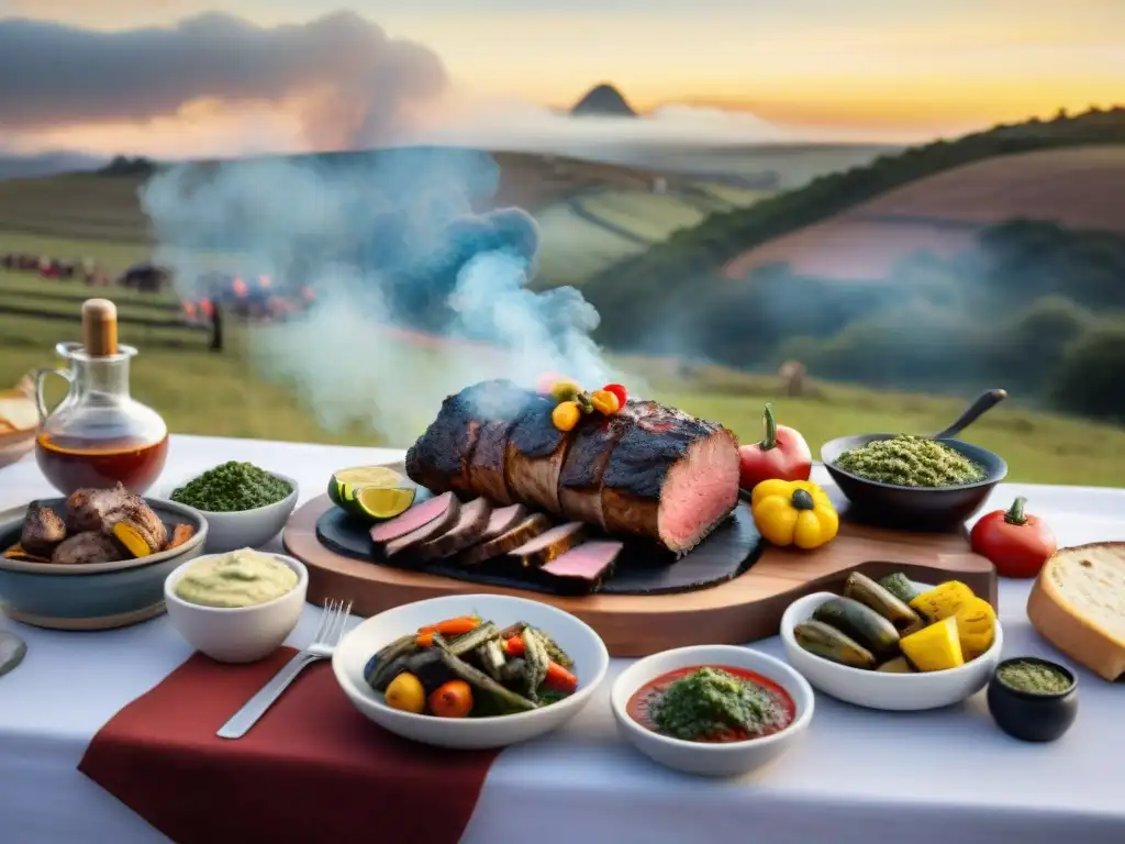 Una escena tradicional del asado uruguayo: mesa llena de carne, chimichurri y familia en un atardecer campestre