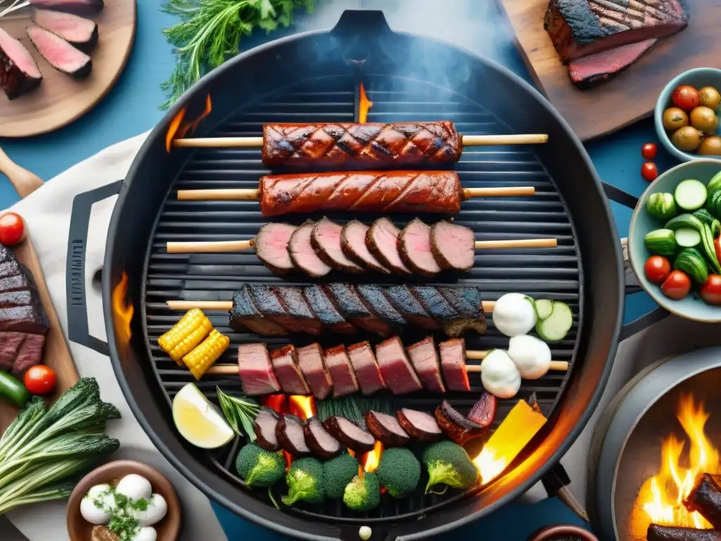 Una escena del tradicional asado uruguayo, donde amigos y familia comparten la Filosofía del asado uruguayo frente a un hermoso paisaje campestre